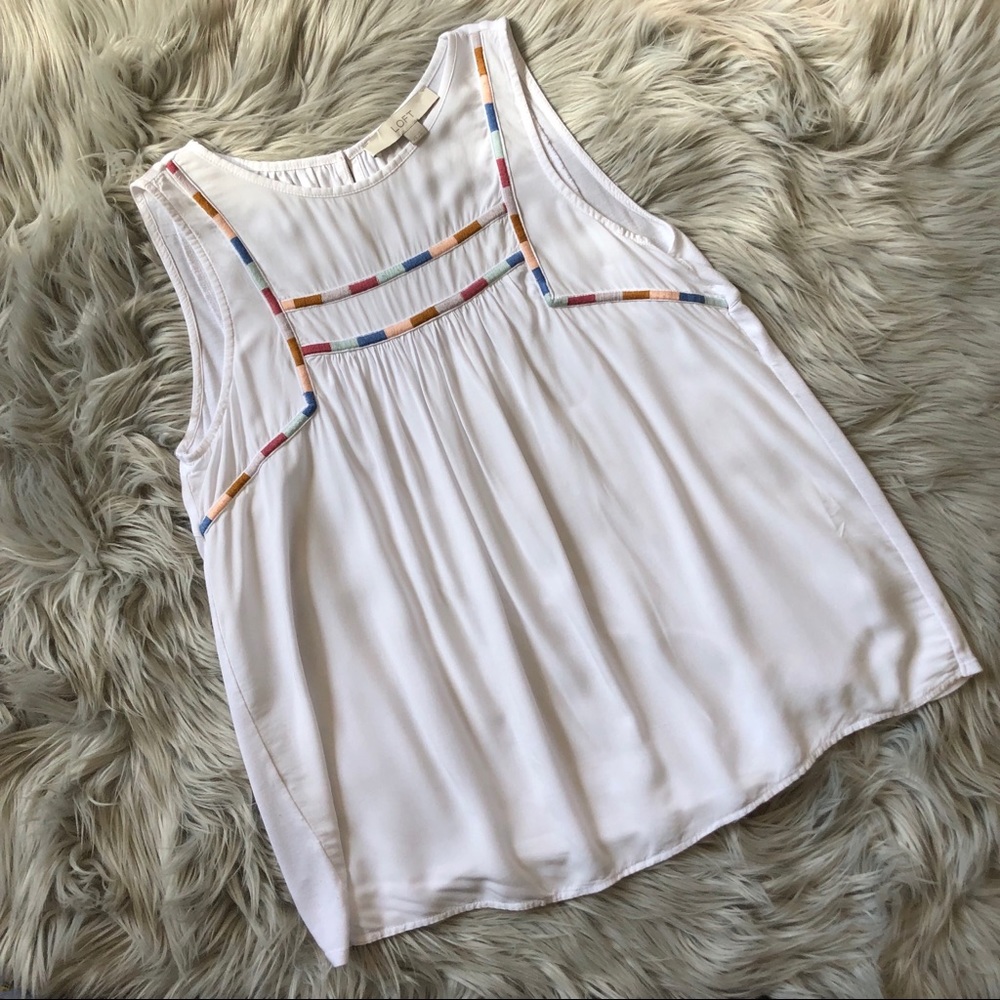 LOFT Sleeveless Rainbow Embroidered Keyhole Tank